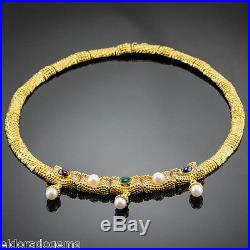 1.0 Ct Diamond 4.0 Ct Gems, Pearl Choker Necklace & Earrings Set 18k Yellow Gold