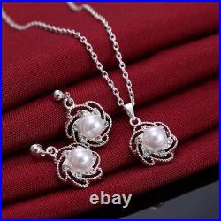 1.00Ct Simulated Pearl Necklace & Drop Dangal Earrings Set 14K White Gold Plated