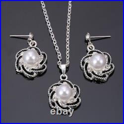 1.00Ct Simulated Pearl Necklace & Drop Dangal Earrings Set 14K White Gold Plated
