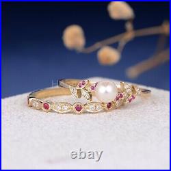 1.2ct Pearl Engagement Ring Ruby Leaf Unique Pearl Bridal Set Yellow Gold Plated