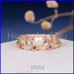 1.2ct Pearl Engagement Ring Ruby Leaf Unique Pearl Bridal Set Yellow Gold Plated