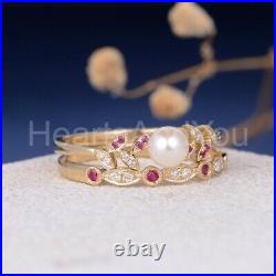 1.2ct Pearl Engagement Ring Ruby Leaf Unique Pearl Bridal Set Yellow Gold Plated