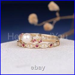 1.2ct Pearl Engagement Ring Ruby Leaf Unique Pearl Bridal Set Yellow Gold Plated