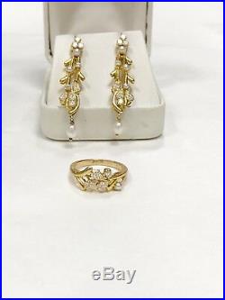1.40 ctw Genuine VS Diamonds Pearls Dangling Earrings Ring Set 14k Yellow Gold