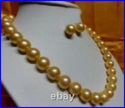 10-11MM PERFECT NATURAL SOUTH SEA GOLDEN PEARL NECKLACE EARRING SET 14Kp 18in