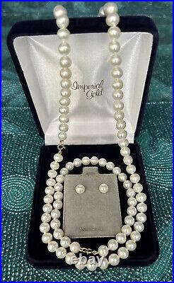 10 K Gold Clasp Cultured Pearl 6.5 mm Necklace, bracelet & Earrings Set New