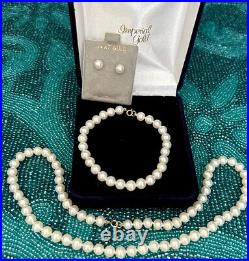 10 K Gold Clasp Cultured Pearl 6.5 mm Necklace, bracelet & Earrings Set New