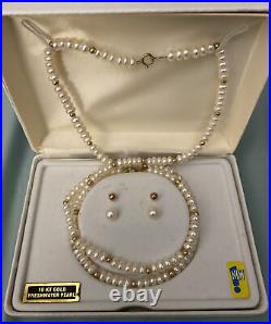 10 Karat Yellow Gold Ball and Genuine Pearl Necklace Set