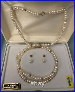 10 Karat Yellow Gold Ball and Genuine Pearl Necklace Set