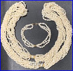 10 Strand Freshwater Rice Pearl Necklace 14K Bead 28 & Bracelet Set