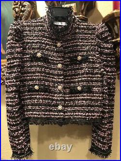 100% Authentic ZARA Tweed Black & Pink Jacket Blazer With Gold Pearl Buttons Set