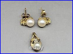 10K Yellow Gold 5MM Pearl & Diamond Stud Earrings & 6.5MM Pearl Pendant Set