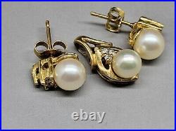 10K Yellow Gold 5MM Pearl & Diamond Stud Earrings & 6.5MM Pearl Pendant Set