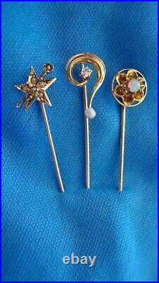 10k 14k Gold Antique Opal Pearl Diamond Hat Pins Set Of 3