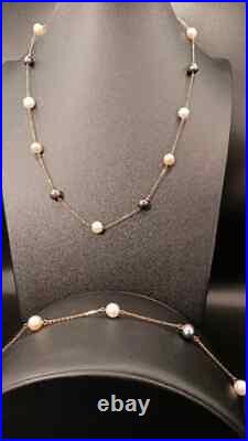 10k Gold 3 Color Pearl Necklace and Bracelet Set