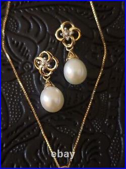 10k Gold Dangle Pearl and Diamond Earrings and Necklace Set