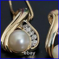 10k Gold Pearl and Diamond Earrings and Necklace Set