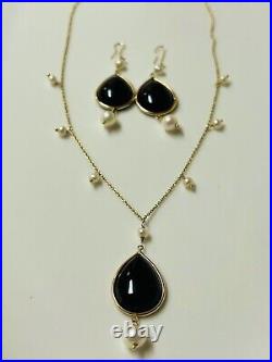 10k Solid Gold Chain And Earrings Set Black Onyx Pearls Vintage