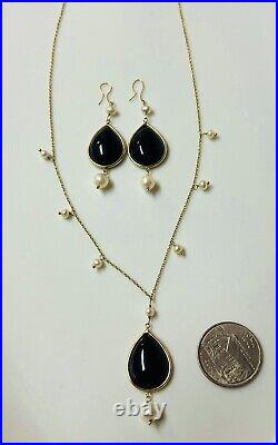 10k Solid Gold Chain And Earrings Set Black Onyx Pearls Vintage