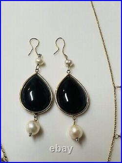 10k Solid Gold Chain And Earrings Set Black Onyx Pearls Vintage