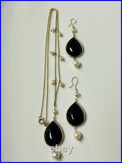 10k Solid Gold Chain And Earrings Set Black Onyx Pearls Vintage