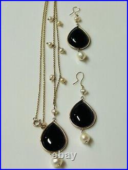 10k Solid Gold Chain And Earrings Set Black Onyx Pearls Vintage