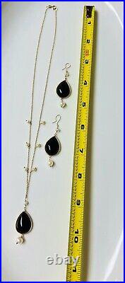 10k Solid Gold Chain And Earrings Set Black Onyx Pearls Vintage