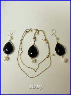 10k Solid Gold Chain And Earrings Set Black Onyx Pearls Vintage