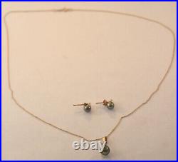 10k Yellow Gold Black Pearl + Cubic Zirconia Necklace & Earrings Set