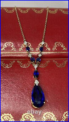 10k Yellow Gold Created Blue Sapphire Diamond Drop Pendant Vintage Necklace 17