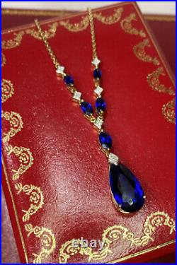 10k Yellow Gold Created Blue Sapphire Diamond Drop Pendant Vintage Necklace 17