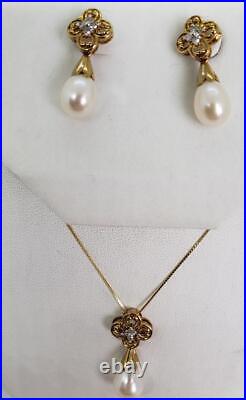 10k Yellow Gold Pearl Diamond Accent Necklace Earring Bridal Prom Set