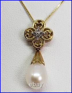 10k Yellow Gold Pearl Diamond Accent Necklace Earring Bridal Prom Set