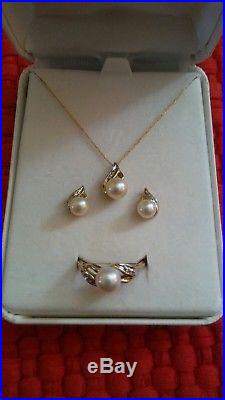10k Yellow Gold Pearl and Diamond Set Earrings, Ring, & Necklace
