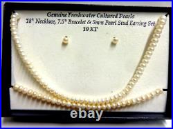 10kt ygold freshwater cultured pearl set necklace/brac/earrings sz 18inlg 5mm rd
