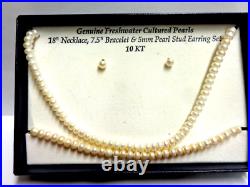10kt ygold freshwater cultured pearl set necklace/brac/earrings sz 18inlg 5mm rd