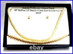 10kt ygold freshwater cultured pearl set necklace/brac/earrings sz 18inlg 5mm rd