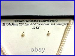 10kt ygold freshwater cultured pearl set necklace/brac/earrings sz 18inlg 5mm rd