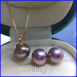 10mm-10.8mm Metallic Freshwater Pearl Earring Stud and Pendant Jewelry Set