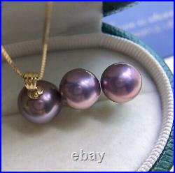 10mm-10.8mm Metallic Freshwater Pearl Earring Stud and Pendant Jewelry Set