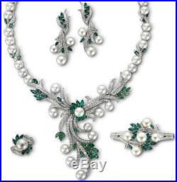 12.50ct Diamond 14k White Gold Emerald Pearl Wedding Anniversary Necklace Set