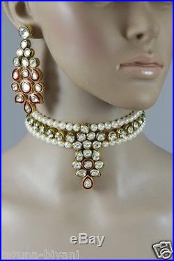 12 Indian White Pearls Gold Plated Red Enamel CZ Kundan Choker Necklace Set