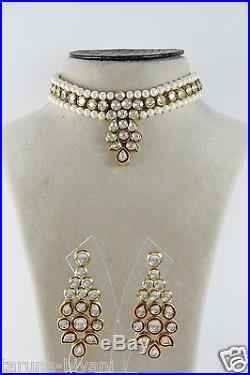 12 Indian White Pearls Gold Plated Red Enamel CZ Kundan Choker Necklace Set