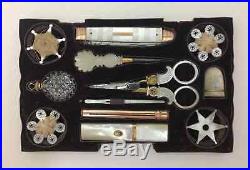 12 Pcs Rarest Antique 18th C Georgian Gold Mother Of Pearl Sewing Kit Set w Tray