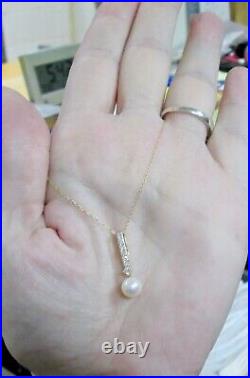 $1200 Gorgeous Real 14K Yellow Gold Pearl & Diamond Pendant + Chain Set Necklace