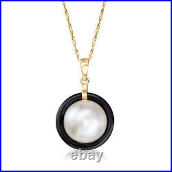 12mm Cultured Pearl & 16mm Black Onyx Bezel-Set Necklace in 14kt Gold