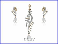 13.95 Carats Round Brilliant Cut Diamonds Pearl Pendant Earrings Set In 14K Gold