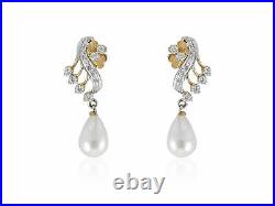 13.95 Carats Round Brilliant Cut Diamonds Pearl Pendant Earrings Set In 14K Gold