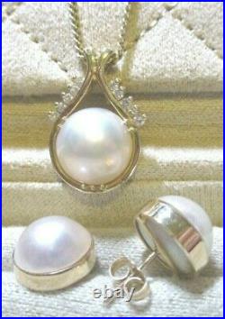 13mm Mabe Pearl & Diamond 14kt Yellow Gold Pendant & Earrings Set or Suite