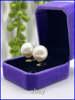 14.3mm-14.4mm South Sea Pearl White Stud Earrings 14k Gold settings